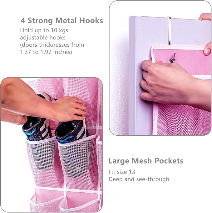 KEEPJOY 28 Pockets Hanging Shoe Organizer, Over the Door Shoe Organizer, Hanging Door Shoe Holder Rack with Mesh Pockets Large Size 65 x 23 Inch (Pink-1Pack) - Image 5