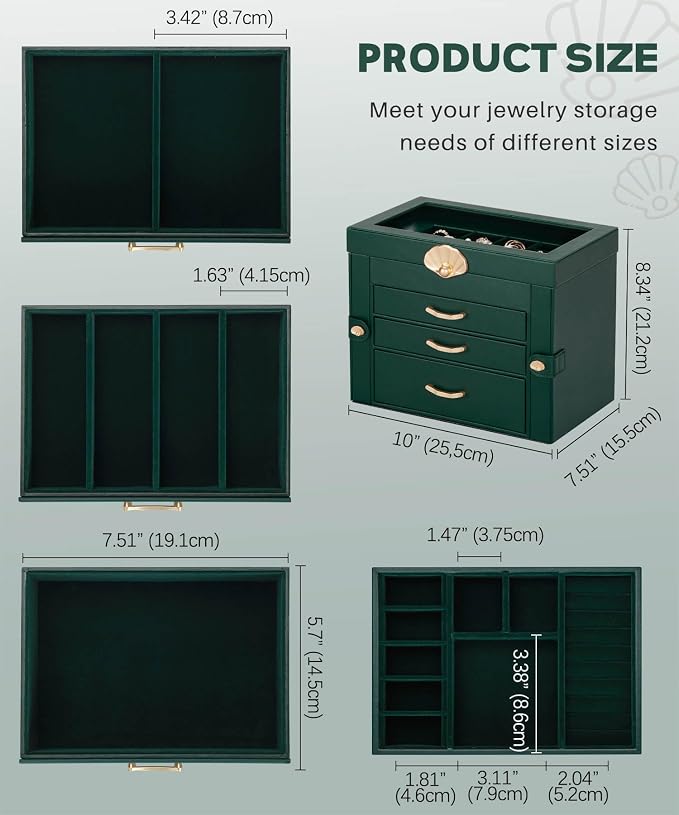 Enthralite Jewelry Box with 3 Drawers: Display Organizer for Earrings Necklaces - Gifts for Girls Women (Forest Green) - Image 2