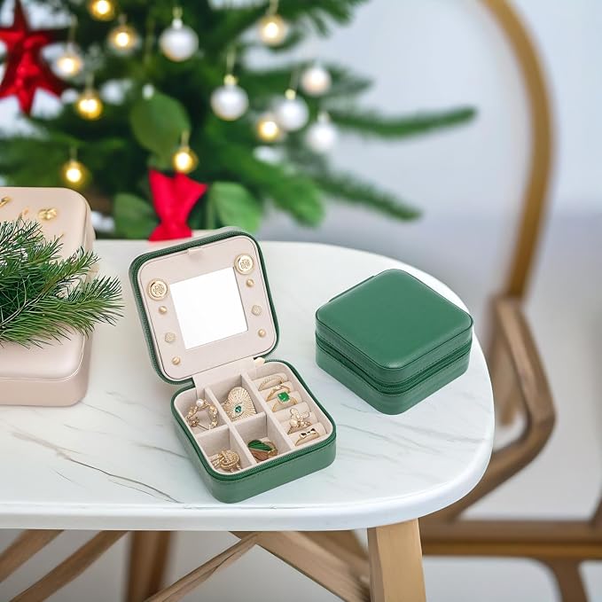 Vlando Small Travel Jewelry Box Organizer - Mirrored Jewelries Necklaces Rings Earrings Necklace Storage Case, Dark Green - Image 7