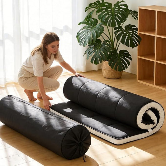 Tiita Floor Mattress Memory Foam Mattress Topper, 4" Thicken Futon Mattress with Storage Bag and 2 Straps, Portable Roll Up Travel Car Camping Mattress Sleeping Pad Full Size, Black