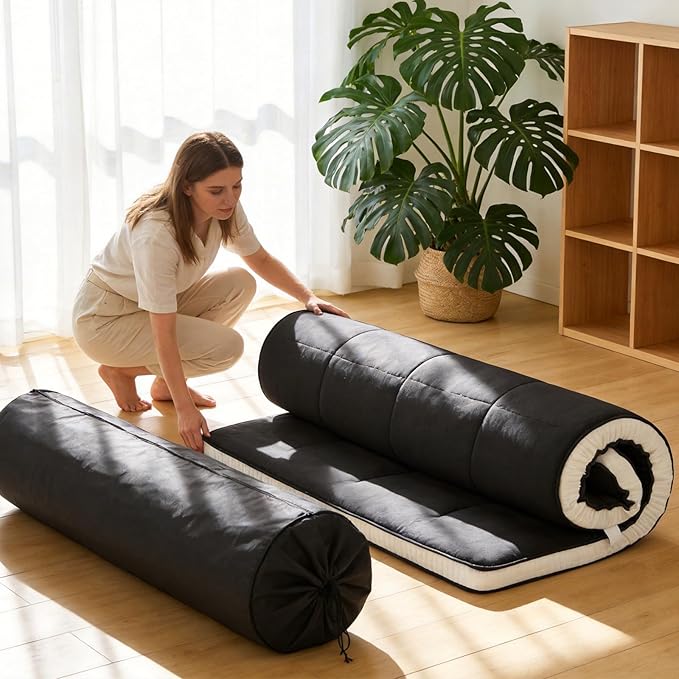 Tiita Memory Foam Mattress Topper Twin Size, 4" Thicken Futon Mattress with Storage Bag and 2 Straps, Portable Roll Up Travel Car Camping Mattress Floor Sleeping Pad, Black
