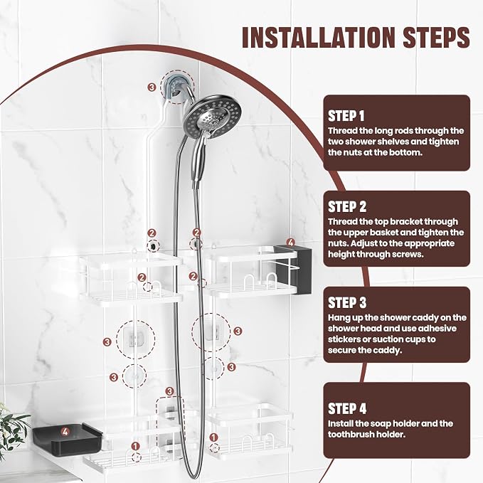 REINHARDT Adjustable Shower Caddy Hanging Rustproof Shower Caddy for Handheld Showerheads, Shower Organizer with Hooks Soap Holder Toothbrush Holder, Anti-Swing Shower Rack Bathroom Accessories, White - Image 7