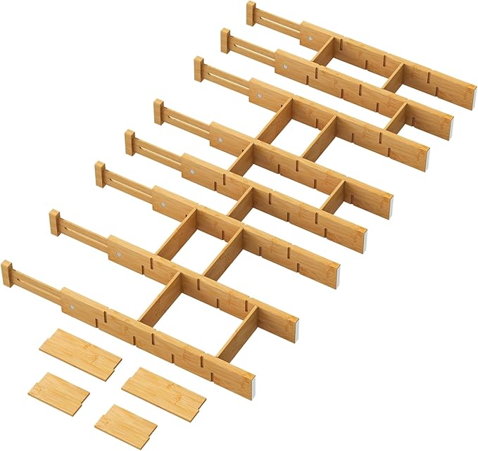kiplant Bamboo Drawer Dividers - Adjustable Drawer Dividers for Clothes, Kitchen, Closet & Office - 8 Pack with Inserts, 18-22.6 Inches, Non-Slip Silicone Ends by kiplant