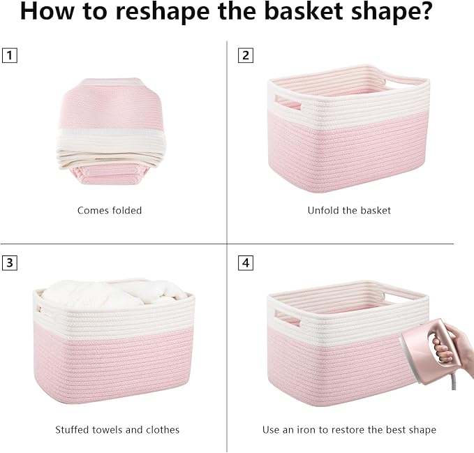 OIAHOMY 4 Pack Storage Baskets for Organizing, Basket for Shelves with Handle, Woven Baskets for Storage Toys, Towels, Books, Cotton Rope Basket 13" L x 9 " W x 7.8 " H, Pink & White - Image 7