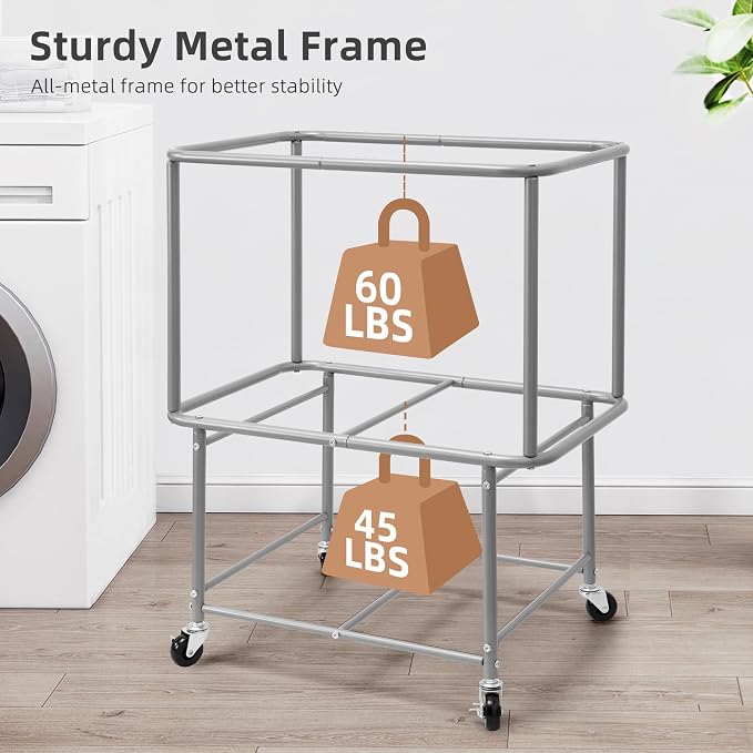 STORAGE MANIAC Rolling Laundry Cart with Storage Shelf, Heavy Duty Industrial Laundry Basket with Wheels, Commercial Metal Frame Clothes Hamper with Canvas Bag for Dorm, Closet, Bedroom, Beige - Image 4