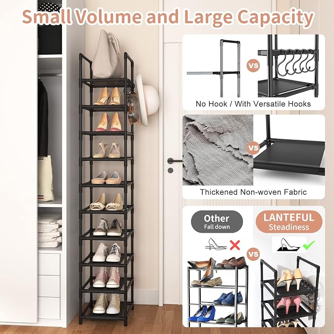 LANTEFUL Tall Narrow Shoe Rack for Entryway, 10-Tier Sturdy Metal Shoe Shelf Storage 10-15 Pairs of Shoes and Boots, Space Saving Corner Shoe Rack Organizer for Closet,Doorway,Garage,Living Room - Image 6