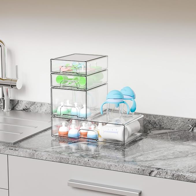 Yieach 4 Pack Clear Stackable Storage Drawers,Pull-Out Medicine Cabinet Organizer and Containers,Large Acrylic Organizers Drawers and Bathroom Closet Organizers for Hair Accessories,Makeup Organizer - Image 8