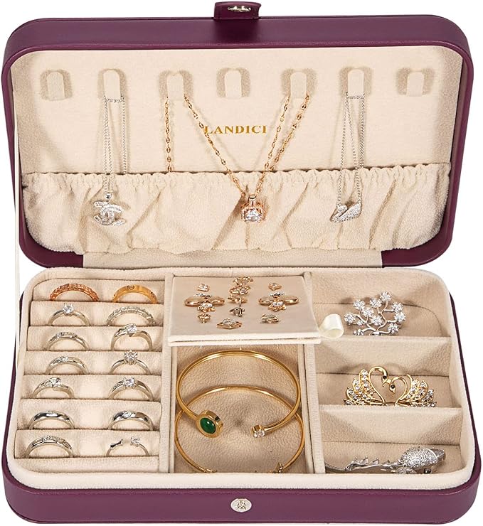 LANDICI Small Jewelry Box for Women Girls, PU Leather Travel Jewelry Case, Portable Jewelry Organizer Storage Holder Display for Ring Earrings Necklace Bracelet Bangle Men Kids Gift, Purple - Image 2