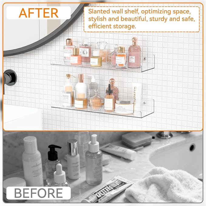Yieach 6 Pack 15" Acrylic Shelves for Wall,Bathroom,Bedroom - with Adhesive - No Drilling Clear Floating Shelves for Funko Pop,Lego,Action Figures,Nail Polish,Perfume Shelf and Wall Storage & Display - Image 5