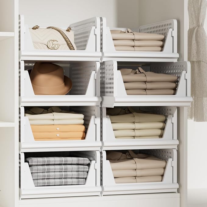 Proarea 5 Pack Stackable Storage Bins, Closet Organizers and Storage, Foldable Closet Organizer Baskets for Clothes, Plastic Drawer Bins for Closet Organization, Wardrobe Shelf, Laundry Room, White by Proarea