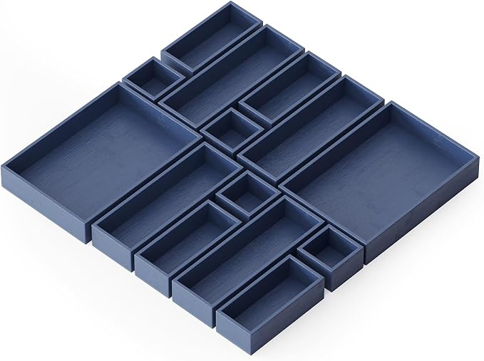 SpaceAid 14-Piece Bamboo Drawer Organizer Storage Boxes Set, Wood Tray Junk Drawer Organizers Multi-Use Divider Bins for Kitchen, Bathroom, Office Desk and Makeup Organization (14 Pack, Navy Blue) by SpaceAid