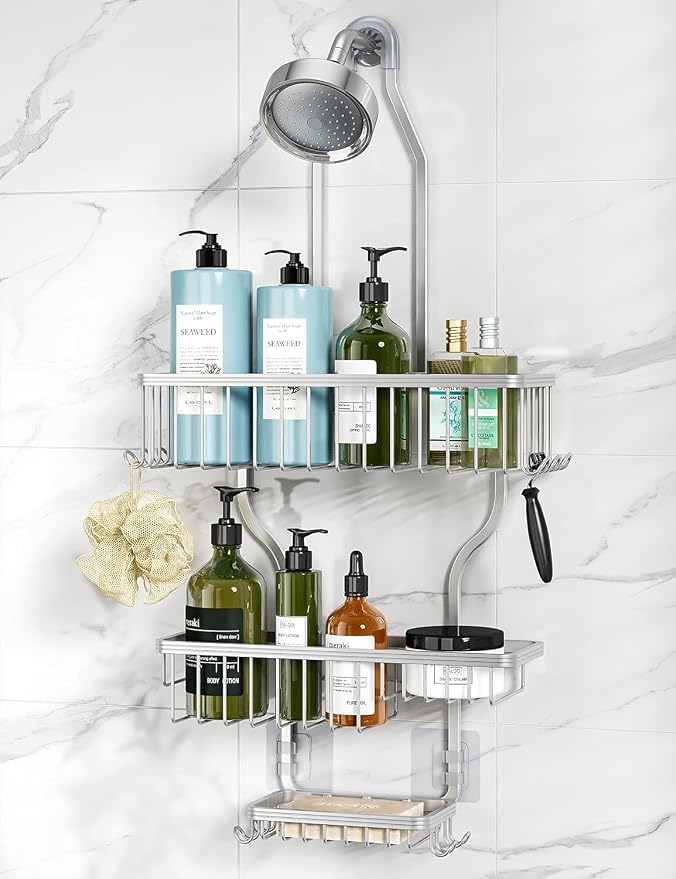 YASONIC Never-Rust Aluminum Hanging Shower Caddy – Over-the-Showerhead Organizer with 10 Hooks for Razor and Sponge – Includes Soap Basket – Silver by YASONIC