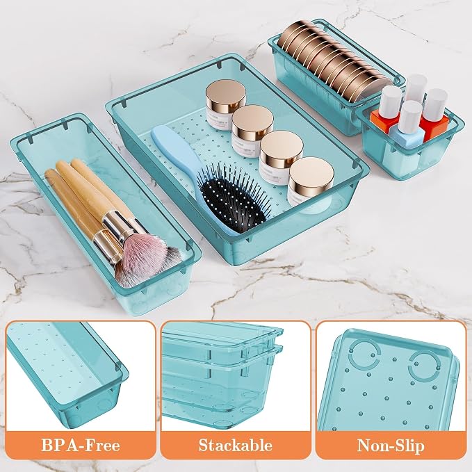 SpaceHacks 25 PCS Plastic Drawer Organizer Set, 4-Size Versatile Organizer Trays & Storage Bins for Makeup, Jewelry, and Gadgets in Bathroom, Bedroom and Office, Sea Blue - Image 3