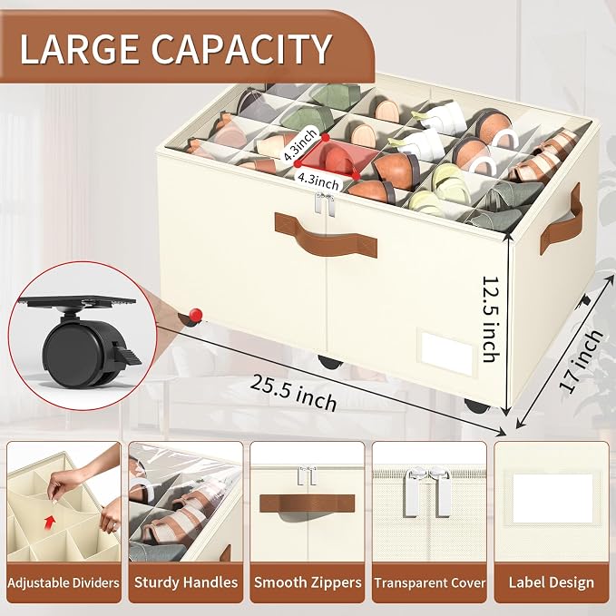 Foyego Shoe Organizer for Closet, Shoe Storage Organizer with Wheels and Adjustable Dividers, Stackable Shoe Storage Box with Clear Cover, Foldable Closet Shoe Organizer Fits up to 24-48 Pairs, Beige - Image 2