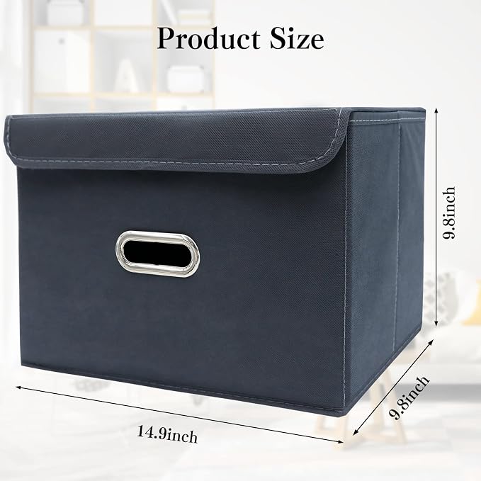 STOREONE Fabric Storage Cube Bins Foldable Organizer Container Collapsible Basket with Lids and Metal Handles, for Home, Bedroom, Closet 8 Pcs (Grey) - Image 2