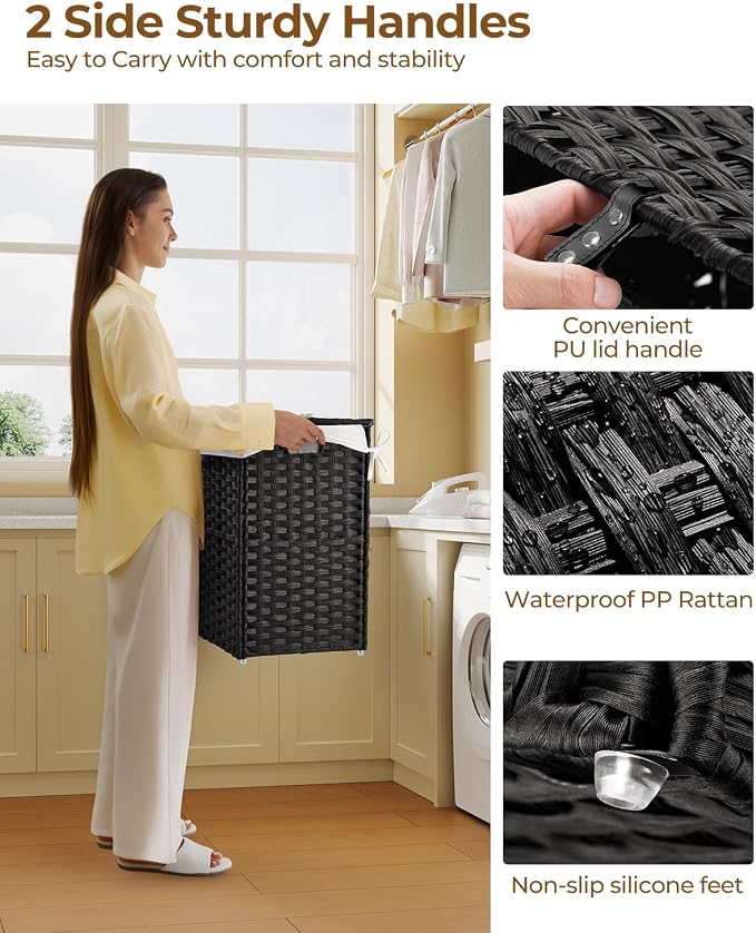 Greenstell Laundry Hamper with Lid, 60L Clothes Hamper with 2 Removable Liner Bags & 2 Mesh Bags, Handwoven Synthetic Rattan Basket, Toys in Bathroom, Bedroom Black - Image 3