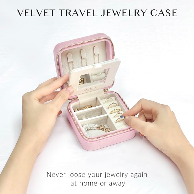 BLUTETE Travel Jewelry Box Organizer Velvet Travel Case With Mirror Ring Earrings Necklaces Storage Organizer Box (Light Pink) - Image 4