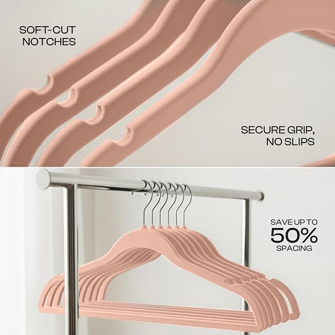 Utopia Home Velvet Hangers 50 Pack – Luxury Non-Slip Slim Pant & Coat Hangers, Strong Space-Saving Clothes Hangers with Pants Bar and 360° Swivel Hook – Pink - Image 8