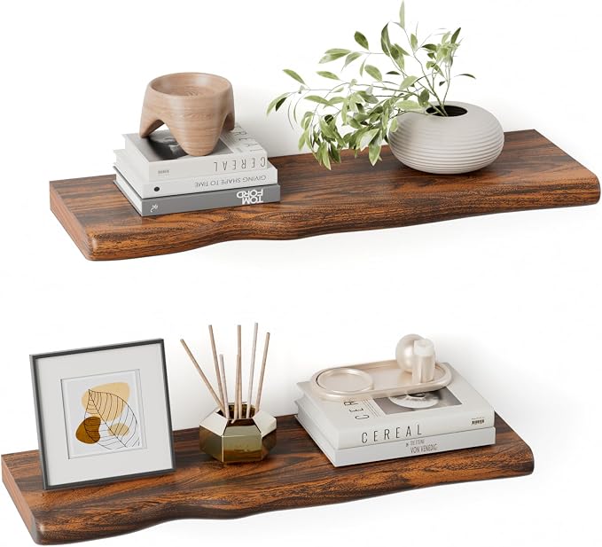 Solid Wood Live Edge Floating Shelves Set of 2 – 24" Rustic Wall Shelf with Hidden Bracket System, Wall Mounted Shelves for Bathroom, Kitchen, Living Room, Bedroom (Glazed Walnut) by Unknown