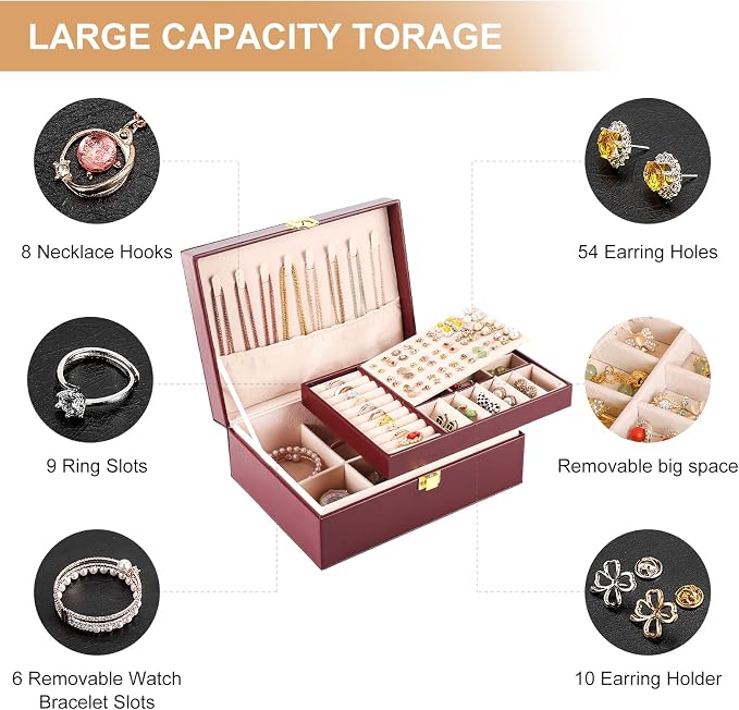 Jewelry Boxes for Women Girls PU Leather Jewelry Organizer Box 2 Layer Large Jewelry Storage Case Removable Tray for Necklace Earring Ring with Polishing Cloth and Jewelry Bags - Image 5
