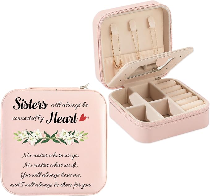 Sisters Jewelry Box Gifts Easter Mothers Day Gifts for Sister Bestie Friend Unique Sister Birthday Gift Wedding Graduation Gift for Sisters BFF Pink Portable Travel Jewelry Case for Besties by Unknown