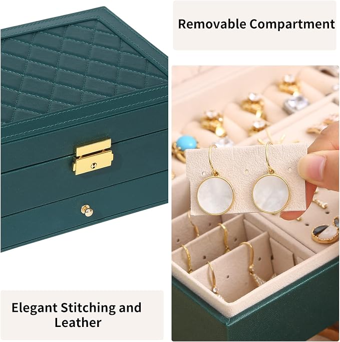 GUOER Jewelry Box for Women Girl Wife - Large PU Leather Jewelry Organizer Storage Case with Two Layers Display for Earrings Bracelets Rings Watches (Green) - Image 4