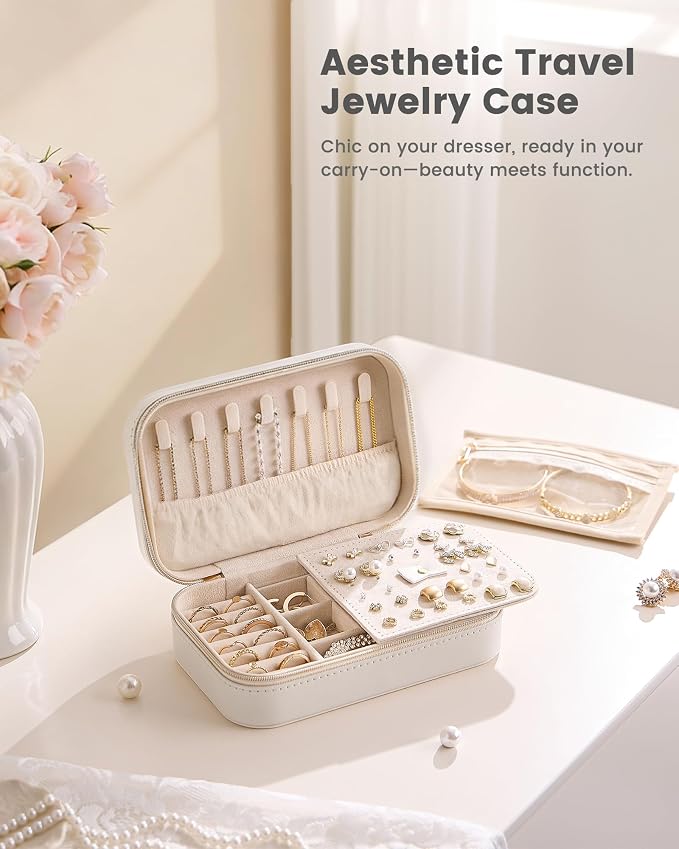 Lolalet Travel Jewelry Case for Women Girls, PU Leather Jewelry Organizer with Clear Storage Bag Small Portable Jewelry Box for Necklace Bracelet Earring Ring Mothers Day Birthday Gifts -Medium/Beige - Image 6
