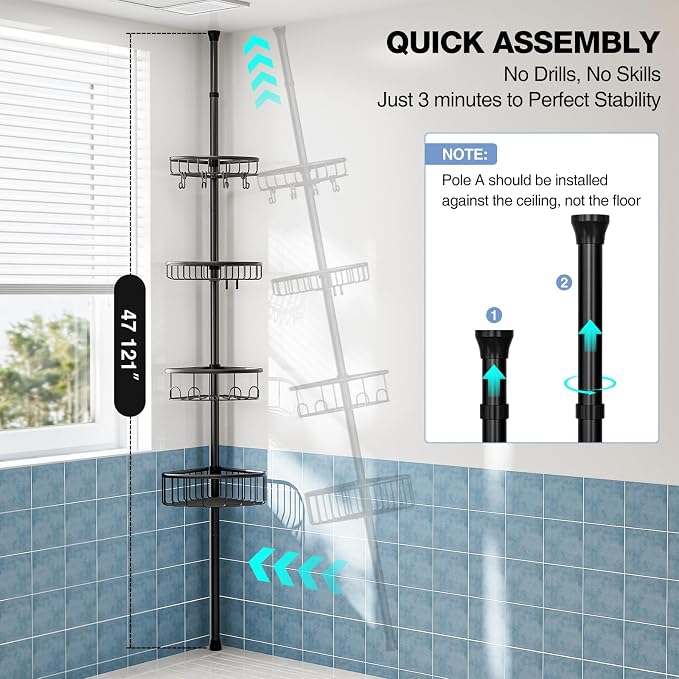 Corner Shower Caddy Tension Pole: Stainless Steel Rustproof 4-Tier Shower Organizer - 47-121 inch Adjustable Bathroom Shelves for Bathtub Shampoo Storage - Tension Rod Floor Standing Bath Rack - Black - Image 2