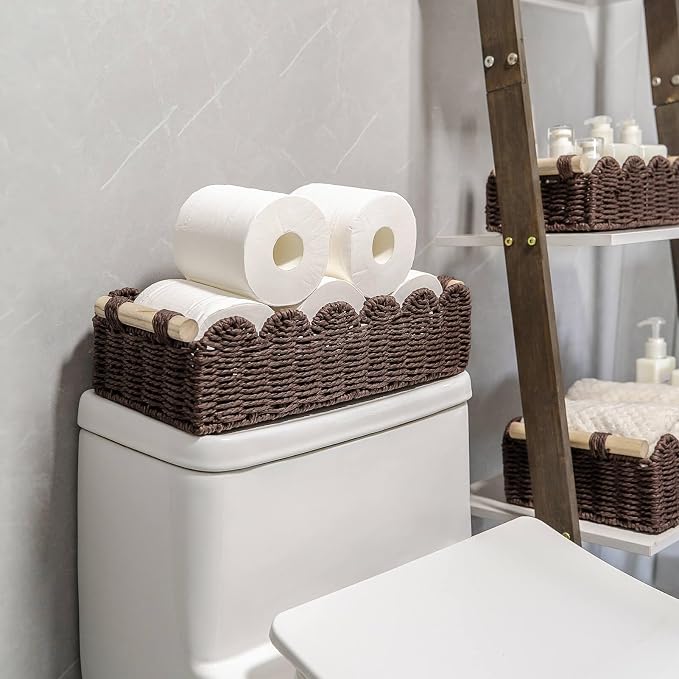 CubesLand Toilet Paper Storage Organizer Basket, Scalloped Decorative Baskets for Over Toilet Shelves, Wicker Small Basket Perfect for Home Countertop Storage & Decor, Living Room Shelf Decor, Brown - Image 3