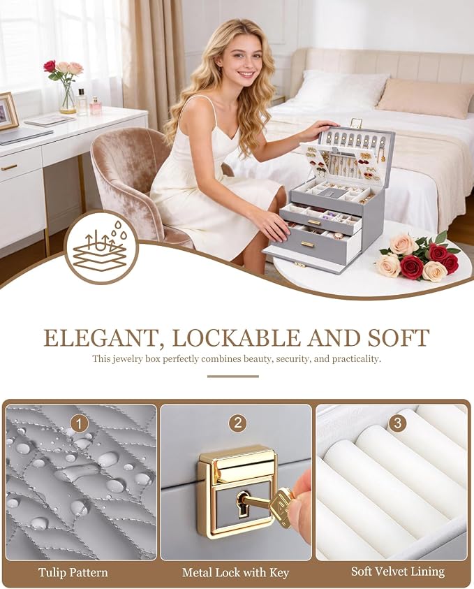 DesignSter Jewelry Box for Women Girl, 3-layer Lockable Jewelry Organizer with Mirror, Large Leather Jewelry Case for Earring Necklace Ring Bracelet Watch - Image 5