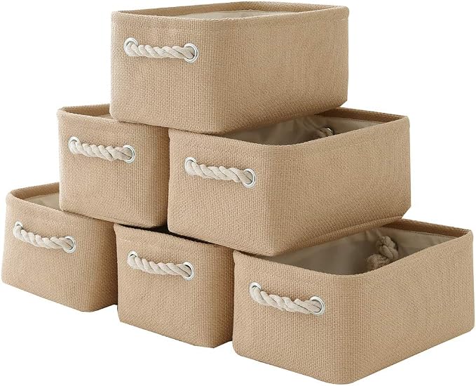 TheWarmHome Storage Basket for Organizing - Small 6 Pack 11.8x7.8x5.2 inch Fabric Storage Cubes with Cotton Rope Handle, Collapsible Storage Bins Baby Storage Toy Nursery (Beige) by TheWarmHome
