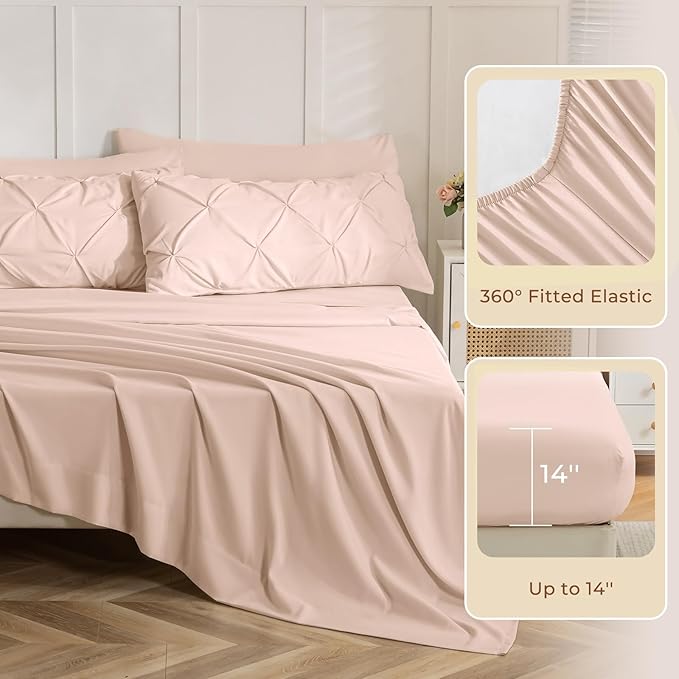 Sasttie California King Comforter Set, 7-Piece Bed in a Bag, Pintuck Bedding Sets for All Season, Includes Comforter, Flat Sheet, Fitted Sheet, Pillowcases and Pillowshams, Blush Pink