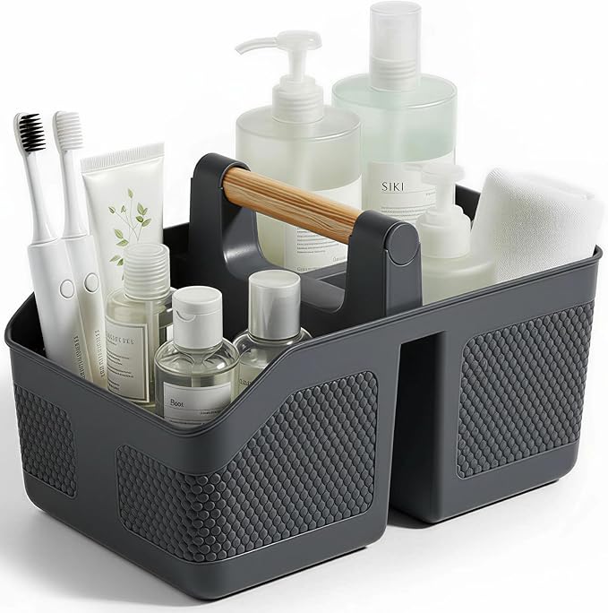rejomiik Shower Caddy Portable with Bamboo Handle, Plastic Basket Cleaning Caddy Organizer Storage Tote for Bathroom, College, Dorm Room Essentials, Dark Gray by rejomiik