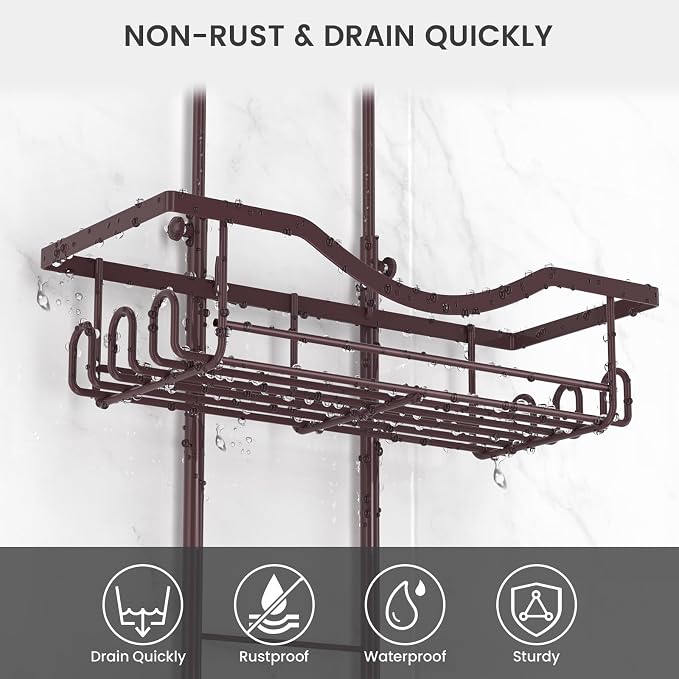REINHARDT Shower Caddy Hanging Adjustable, Extended Length Rustproof Showers Caddy Over Showerhead with Hooks Soap Holder, Large Capacity Shower Organizer Anti-Swing Bathroom Organizer, Bronze - Image 3