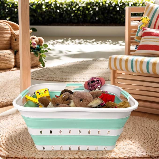 SAMMART 42L (11 gallon) Collapsible Plastic Laundry Basket - Foldable Pop Up Storage Container/Organizer - Space Saving Hamper/Basket (1, White/Light Green) - Image 3