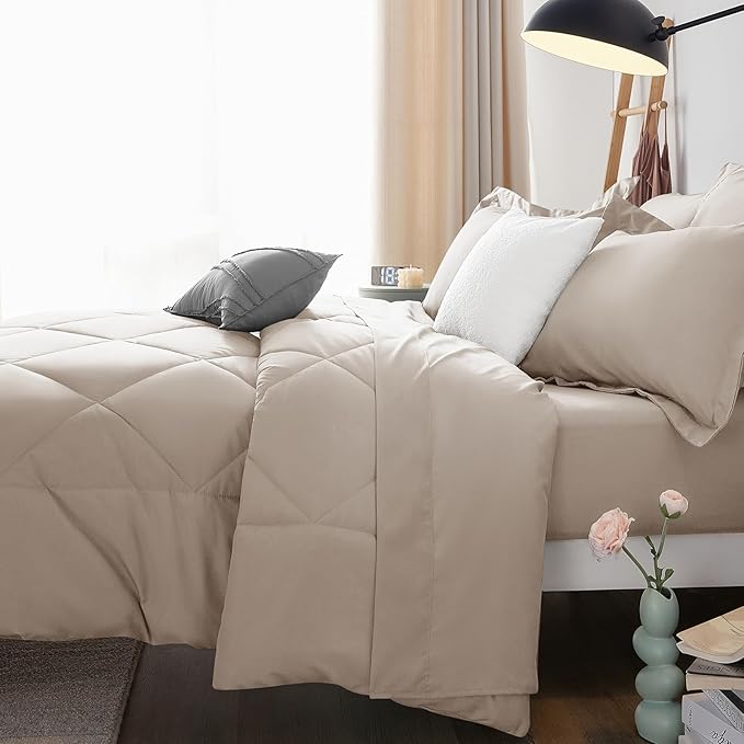 CozyLux Queen Comforter Set Linen - Bed in a Bag Queen Size 7 Pieces, Luxury Soft Bed Set for All Seasons, Bedding Set with Down Alternative Comforter, Sheets, Pillowcases & Shams