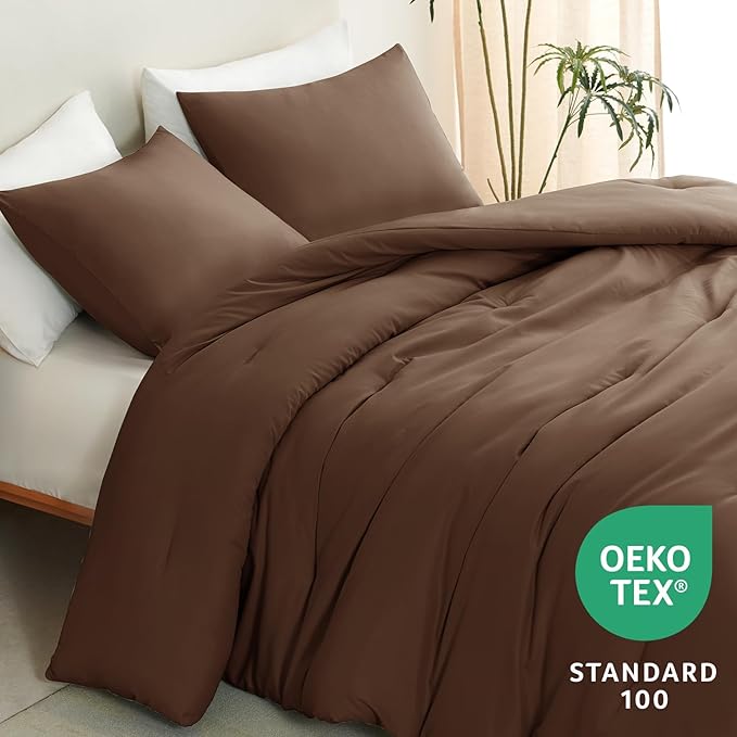 CozyLux Queen Comforter Set Brown, 3 Pieces Solid Comforters Queen Size Breathable Quilted Bedding Sets, Luxury Soft Lightweight Bed Set with Down Alternative Comforter and 2 Pillowcases All Seasons