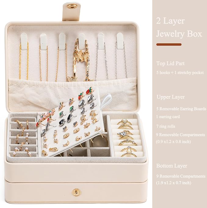 MODENGKONGJIAN Jewelry Organizer Box, 2-Layer Large Jewelry Storage Case, Portable Travel Jewelrys Display Holder for Earrings, Necklaces, Bracelets (Beige, PU Leather) - Image 2