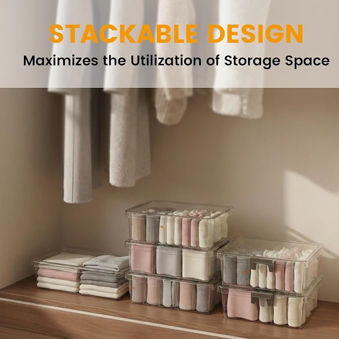 Socks Bra Underwear Drawer Organizer for Closet, 2 PCS Plastic Storage Box with 9 Removable Compartments and Lid, Clear Dresser Drawer Organizer Storage Container with Dividers for Sock Ties Belts - Image 3