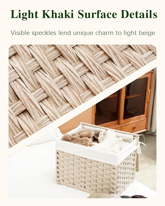 SETVSON Storage Basket with Lid Woven Wicker Baskets with 2 Separate Lid, 9.2 Gallon (35 L) Wicker Storage Bins with Handles, Foldable and 2 Removable Liner Bags for Bedroom, Laundry Room Light Khaki - Image 3