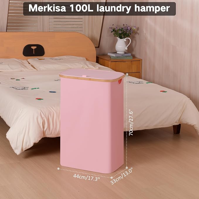 100L Laundry Hamper with Lid, Lagre Basket with Bamboo Handles,Foldable Clothes Hamper Tall Dirty Laundry Basket for Clothes Toys Towels Organizing,Pink - Image 2