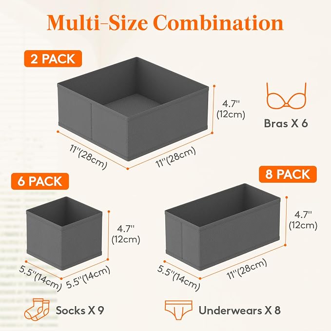 Lifewit 16 Pack Drawer Organizer, Dresser Underwear Drawer Organizer Bins, Foldable Fabric Closet Organizers, Storage Drawer Dividers, Dorm Room Essentials for Clothing, Socks, Towels, Ties Gray - Image 2