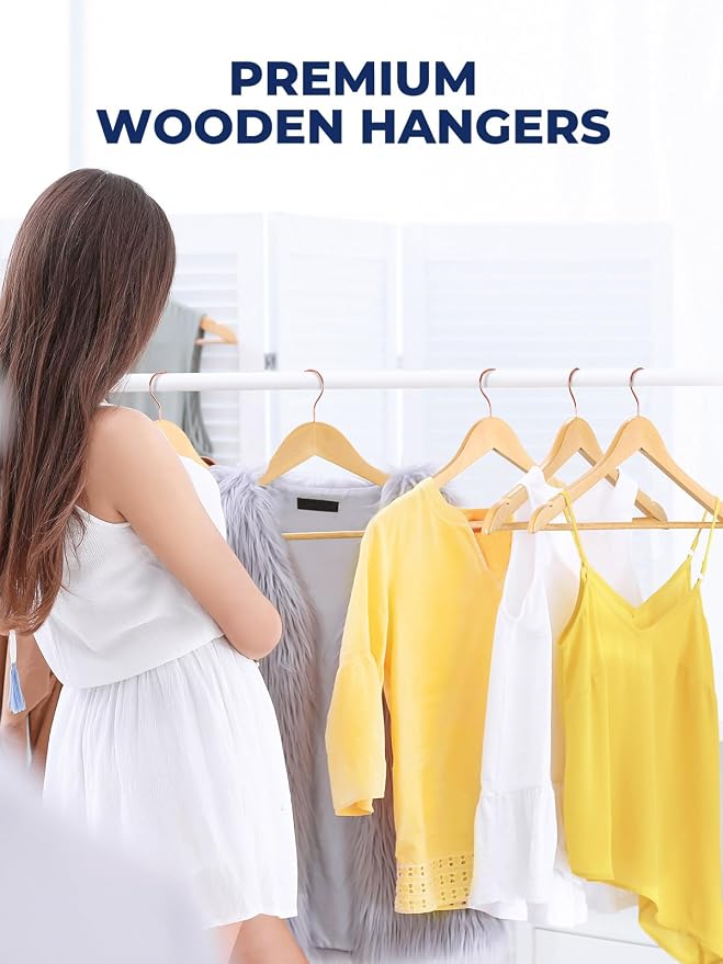 Smartor Wooden Hangers 20 Pack, Solid Wood Coat Hanger for Closet, Heavy Duty Wood Hangers for Suits, Shirts, Dresses, with 360° Rose Gold Hook, Non Slip Pant Bar, Natural - Image 7