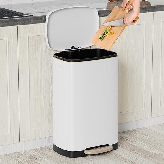 KdbK 13 Gallon Trash Can with Lid, 50L Fingerprint Proof Stainless Steel Kitchen Trash Can with Removable Inner Bucket and Lid Soft Close, Pedal Rubbish Bin for Home Office, White - Image 2