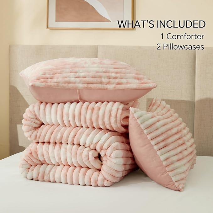 BEDELITE Fleece Twin Comforter Set -Super Soft & Warm Fluffy Pink&White Bedding, Luxury Fuzzy Heavy Bed Set for Winter with 1 Pillow case