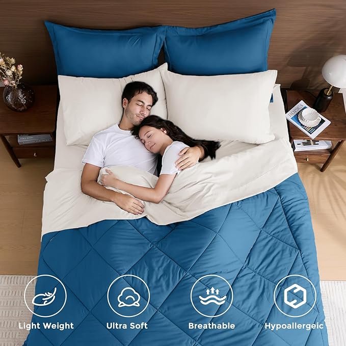 HEVUMYI Teal Blue & Ivory Full Comforter Set - 7-Piece All Season Bed in a Bag Full, Ultra Soft Bedding Set with Comforter, Flat Sheet, Fitted Sheet, Pillowcases, Pillow Shams, Teal Blue & Ivory