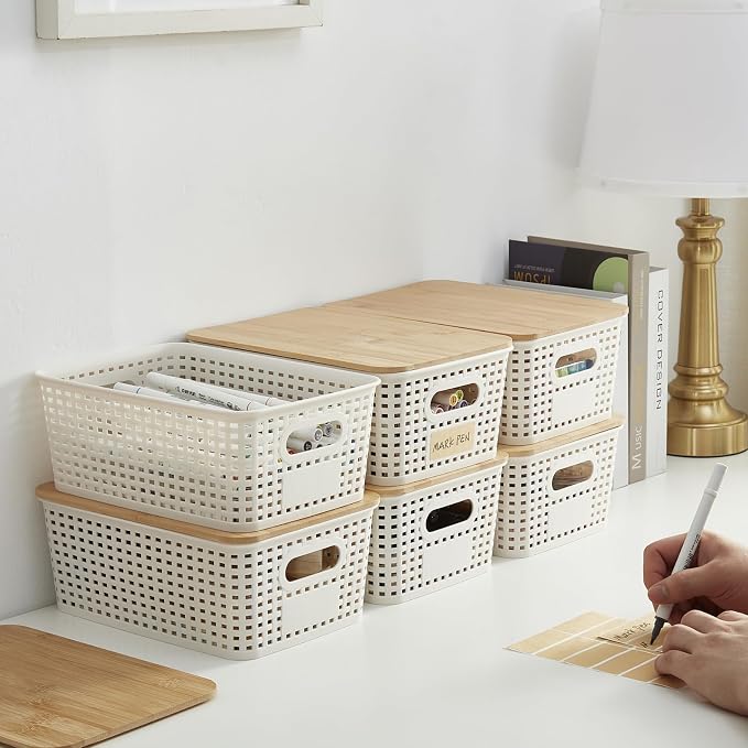 Bagnizer Small Plastic Storage Bins with Bamboo Lids 5.2qt Stackable Box Basket Pantry Decorative Containers Cute with Labels for Organizing Desktop Closet Office Cream White of 6 packs 10*7.2*4.1" - Image 7