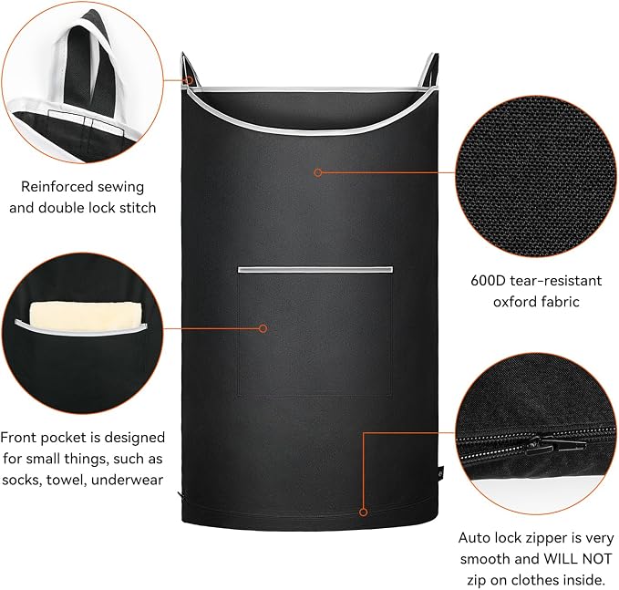 XL Hanging Laundry Hamper, Over the Door Laundry Hamper and Baskets, Wide Opening Hanging Laundry Bag,Hanging Hamper for Bathroom,Dorm,Laundry Room,Chirstmas Gifts(Black 36x22Inch). - Image 5