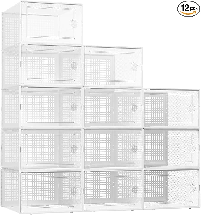 Kuject XX-Large Shoe Storage Boxes Organizers Clear Plastic Stackable 12 Pack, Shoe Rack & Holder Substitute, Sneaker Containers, Shoe Storage Organizer Bins for Closet, Under Bed,White(No Fold Line) by Kuject