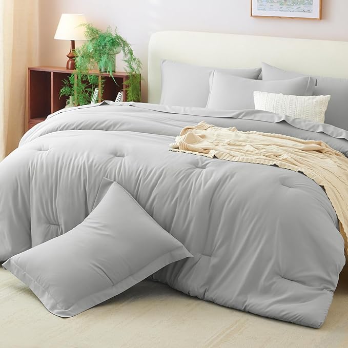 CozyLux Queen Comforter Set Light Grey, 7 Pieces Bed in a Bag Queen Comforter Set with Sheets, Light Gray Luxury Bed Sets with Down Alternative Comforter, Fitted Sheet, Flat Sheet, Pillowcases & Shams